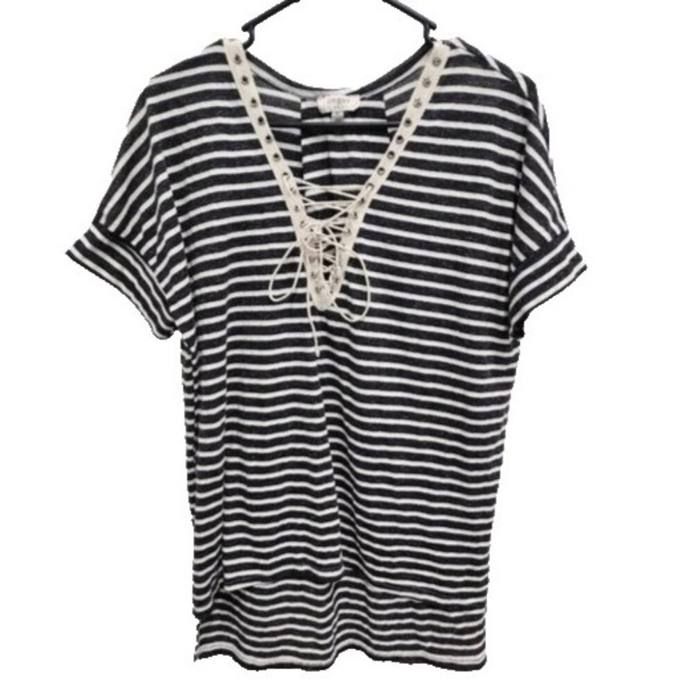 Umgee Womens BOHO Tunic Top Medium Black White Striped Lace Up Short Sleeve